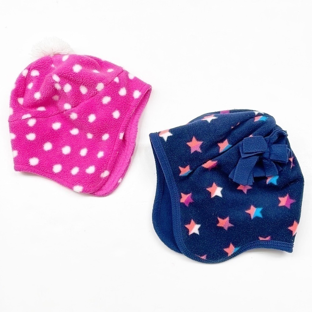 Set of 2 Pink Polka Dot & Blue Star print girls fleece beanies